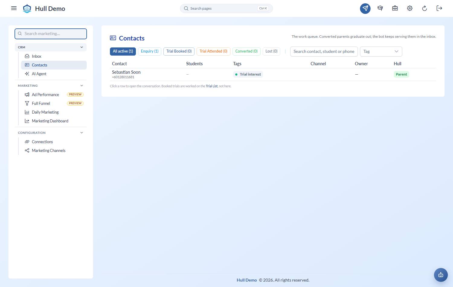The contacts queue with stage filters and live counts